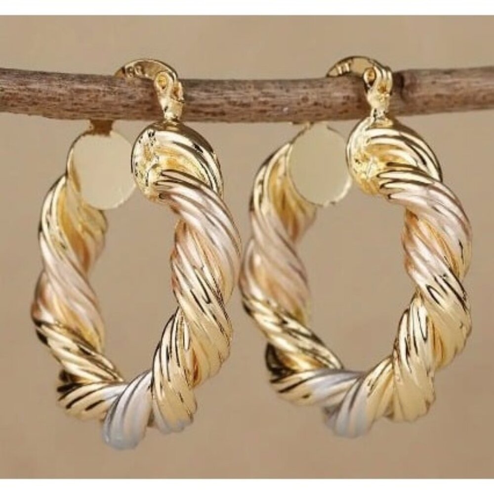 14k Gold Plated Tri-Color Metals Twisted Hoop Earrings